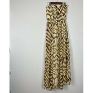 Arden B Ivory Brown Strapless Geometric Print Chiffon Fully Lined Maxi Dress Med